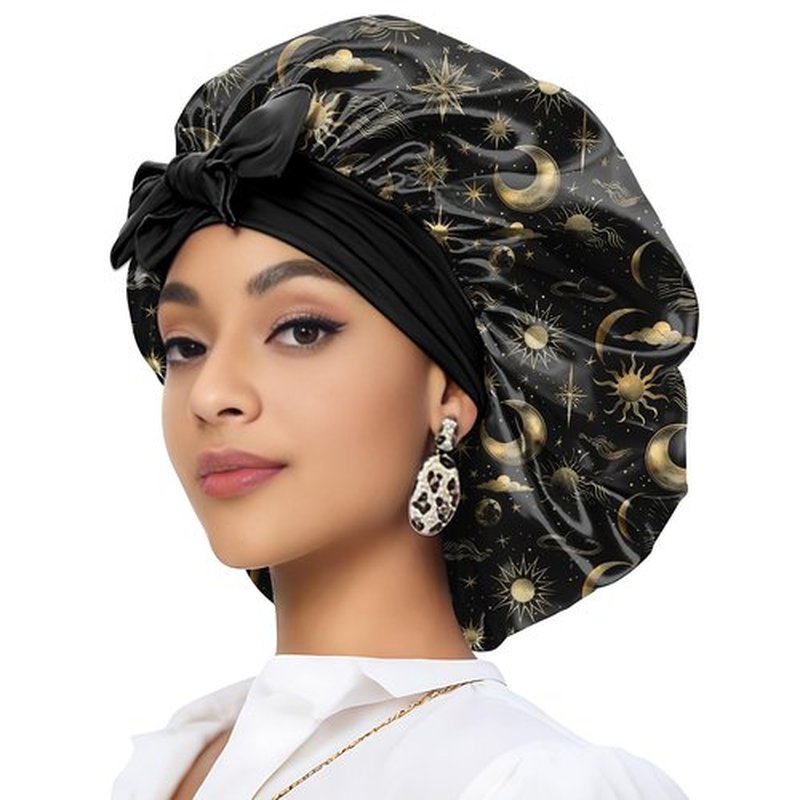 Deokke Satin Hair Braid Bonnet for Sleeping Double Layer Elastic Wide Soft Tie Band Sleeping Hair Silk Lined Sleep Cap for Women Girls-Sun Moon