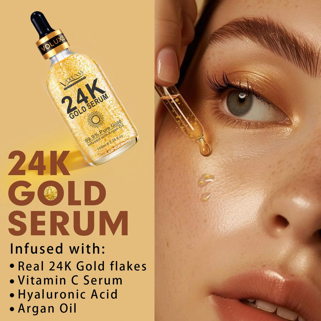24K Gold Anti-Aging Face Serum 2Pack with Vitamin C & Hyaluronic Acid. Real 24k Gold Serum for face Boosts Collagen, Reduces Dark Spots & Fine Lines for Hydrated, Radiant Skin 6.76fl.oz