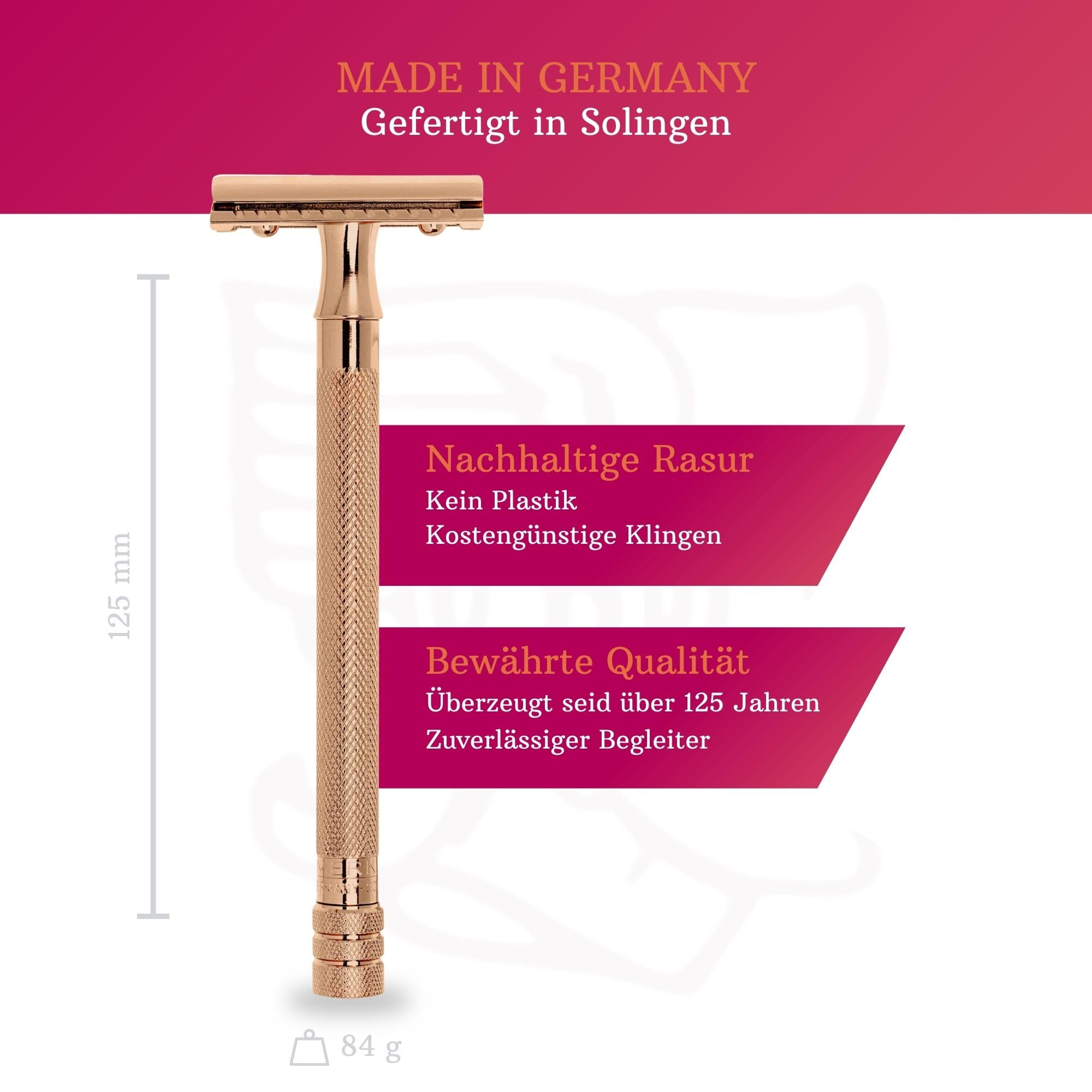 MERKUR 24G Safety Razor For Women with 10 Double Edge Blades | Extra Long Handle | Three-piece Razor | Straight Cut | Rose Gold Finish | Made in Germany