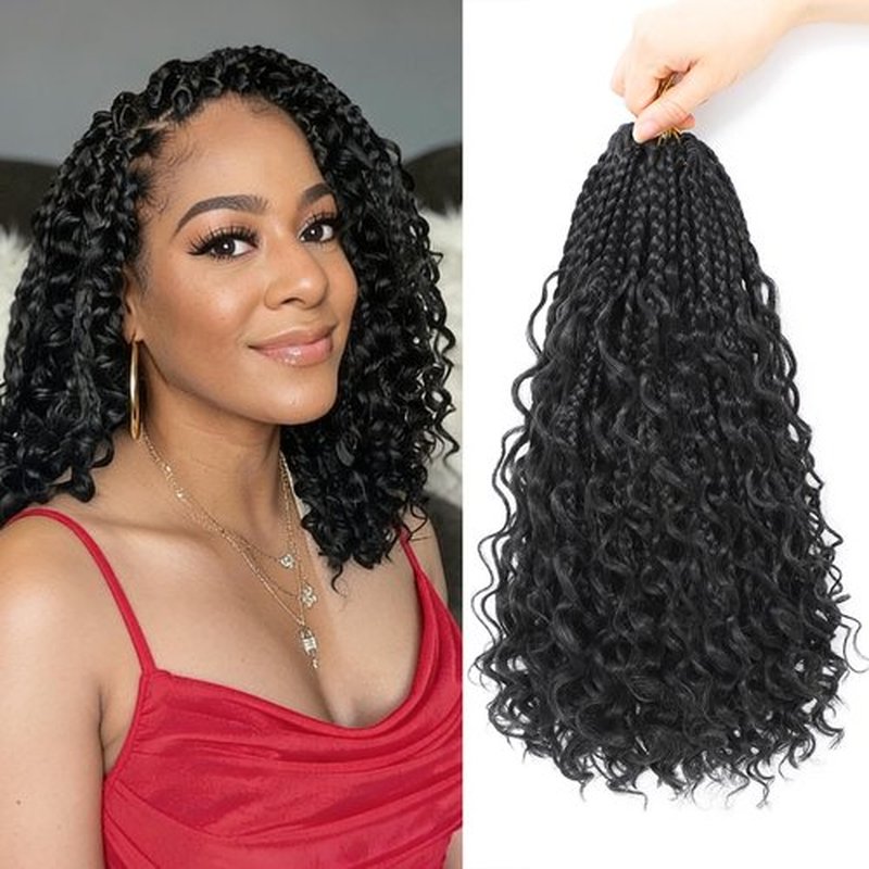 Goddess Box Braids Crochet Hair For Black Women-12 Inch 8 pack Pre Looped Boho Crochet Braids Short Prelooped Bohemian Boho Box Crochet Hair With Curly Ends（12in,#1b）