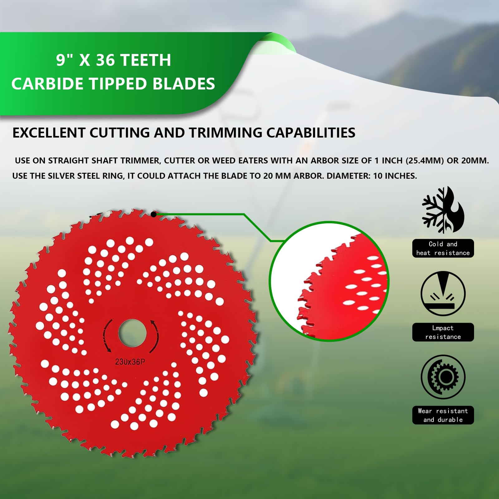 IRONHIT 9" x 20T Chainsaw Tooth Brush Cutter Blades, 9" x 36 Teeth Carbide Tipped Blades, 10" x 80T Carbide Tip Blades,Trimmer Blades,1'' / 2.54MM Arbor Size (3 Blades with Adaptor Kits)
