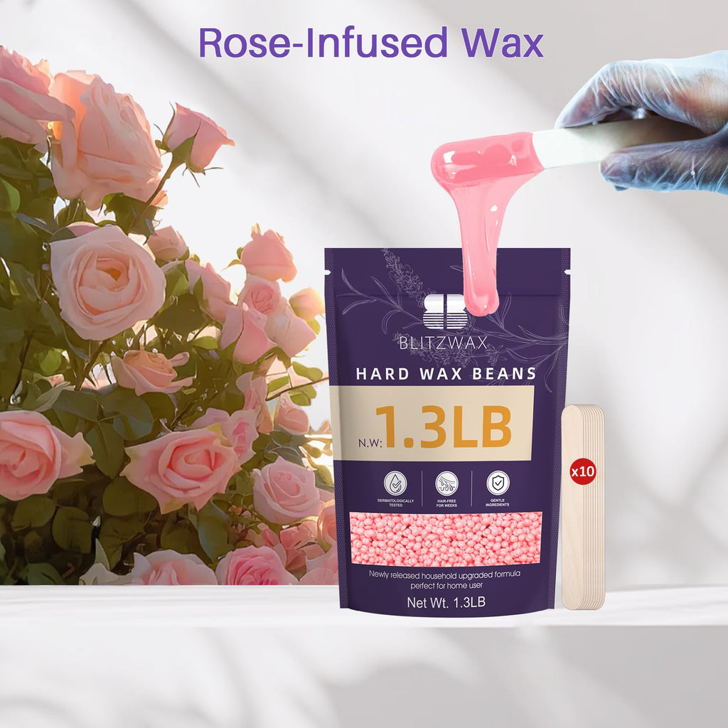 BLITZWAX Rose Wax Beads for Hair Removal 1.3lb Hard Wax Beans for Sensitive Skin, with 10 Wooden Sticks for Bikini, Face and Brazilian, Suitable for Women Men at Home Salon
