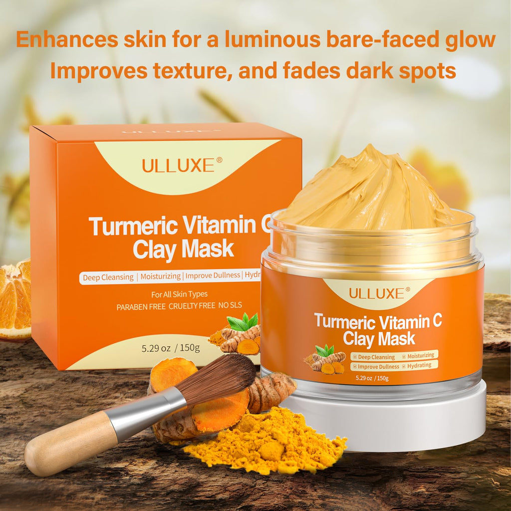 ulluxe Turmeric Vitamin C Clay Mask for Dark Spots, Dull Skin, Moisturizing, Skincare Facial Mask for Blackheads and Pores Cleansing, Improve Uneven Skin Tone, Face Skincare Gift, 5.29 oz