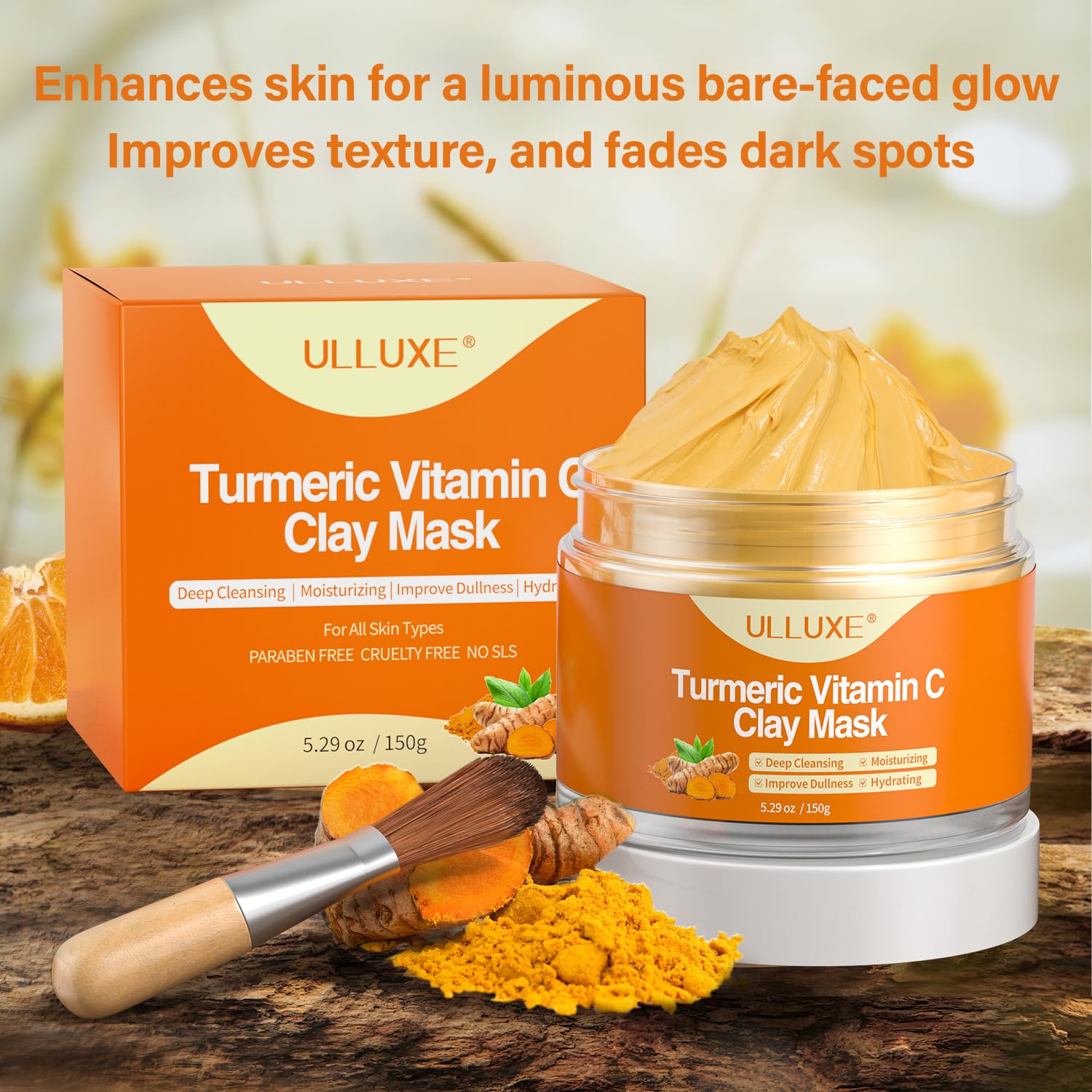 ulluxe Turmeric Vitamin C Clay Mask for Dark Spots, Dull Skin, Moisturizing, Skincare Facial Mask for Blackheads and Pores Cleansing, Improve Uneven Skin Tone, Face Skincare Gift, 5.29 oz