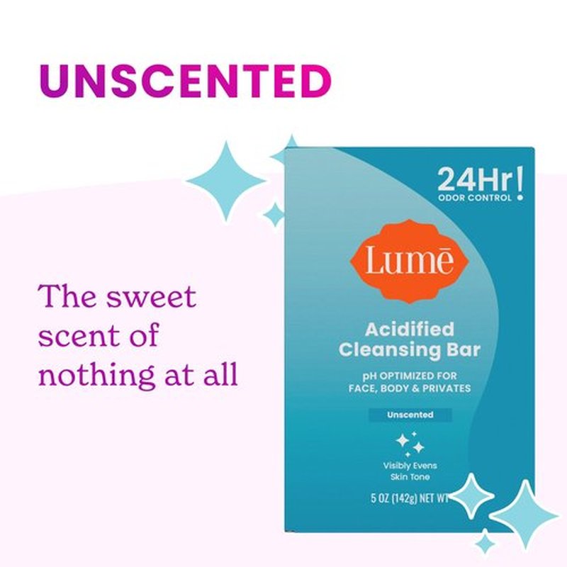 Lume Acidified Body Cleansing Bar - 24 Hour Odor Control - Removes Odor Better than Soap - Moisturizing Formula - Formulated Without SLS or Parabens - OB/GYN Developed - 5 ounce (Unscented)