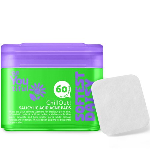 BeYoutiful ChillOut Gentle Acne Cleansing Face Wipes with Salicylic Acid for Teens and Kids, Easter Basket Stuffers, 60 Facial Pads, Vegan, Easter Gifts for Kids