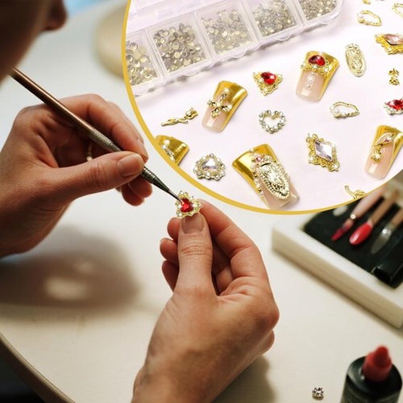 Allstarry Gold Nail Charms, Gold Charms for Nails 3D Charm and Gems Y2K with Flatback Rhinestones Pearls Chunky Bulk Jewels Gold Cross Star Rose Heart Virgin Mary Nail Accessories