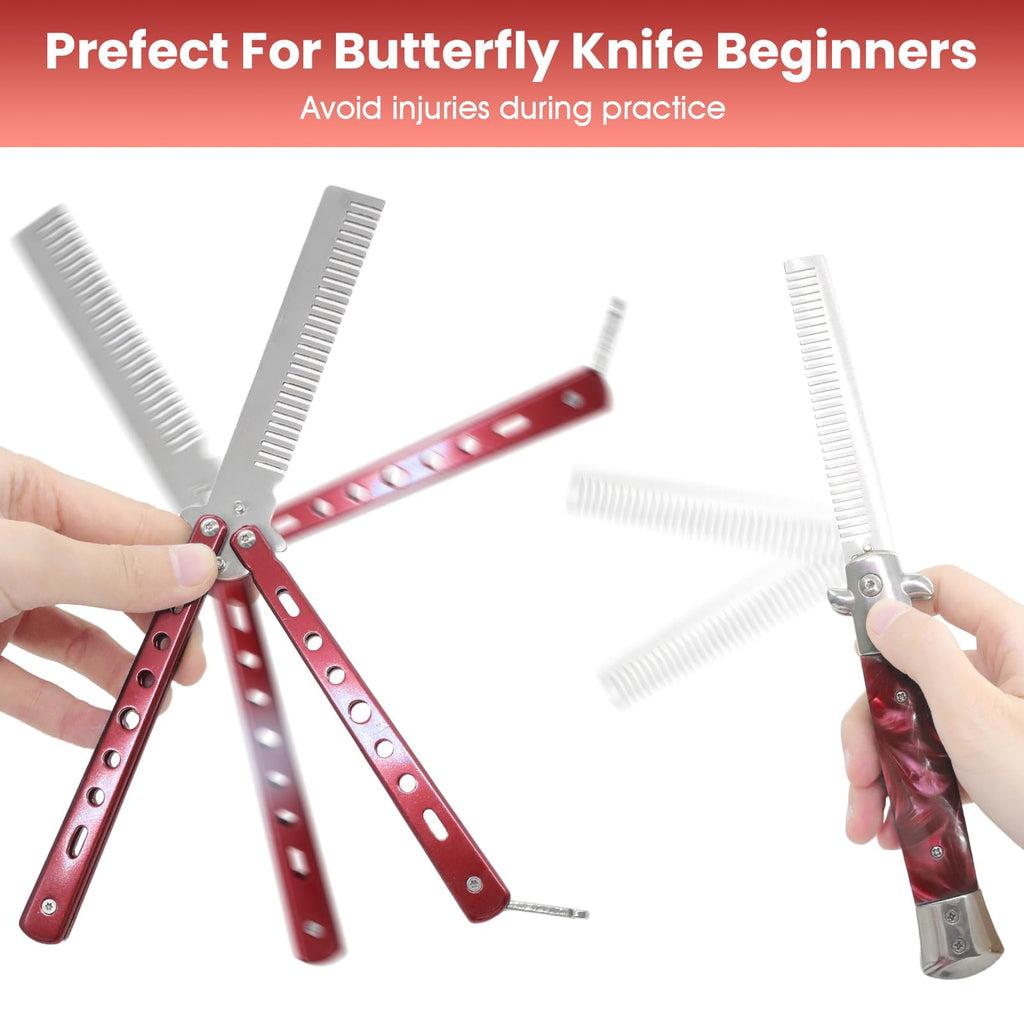 2 Pieces Automatic Folding Switch Combs, Stainless Steel Butterfly Comb, Hair & Beard Brush for Men - Red