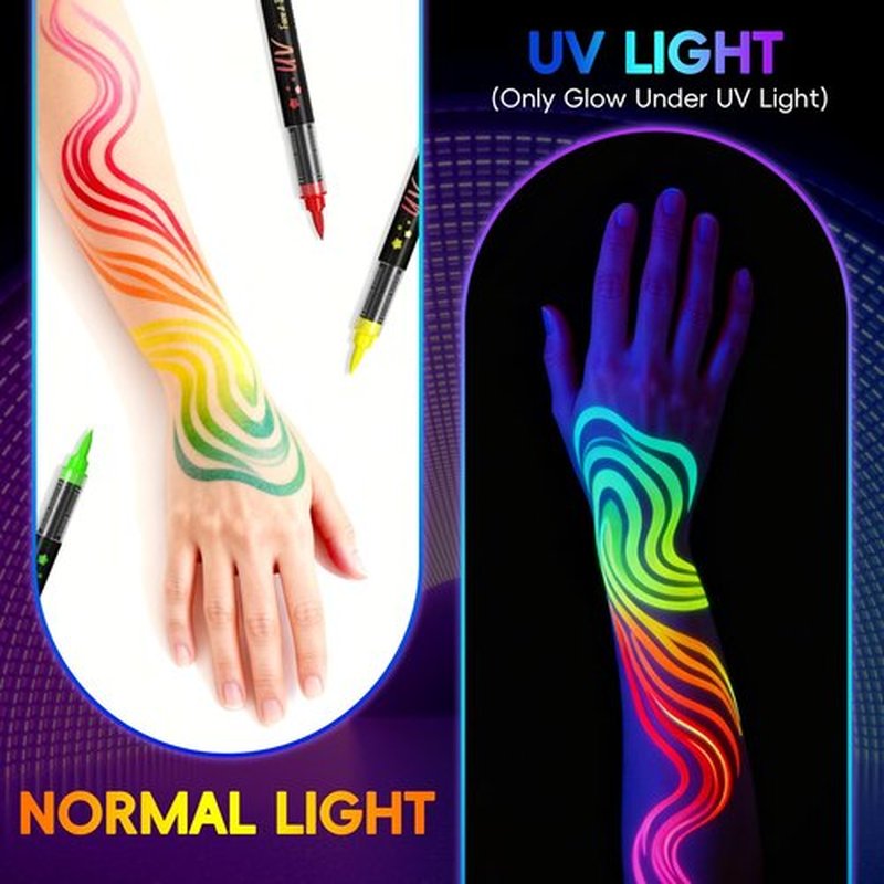 INAFKDPONR 8-color luminous body painting, UV neon face painting pen, luminous face painting kit, washable skin tattoo pen, Halloween party makeup (8 colors)