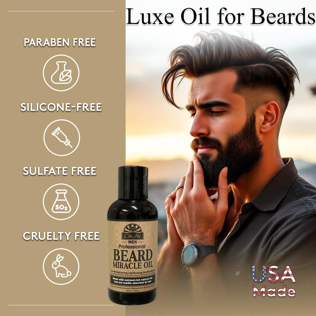 OKAY Men Beard Miracle Oil 4oz – Beard Softener & Moisturizer, Hydrating Beard Oil for Men, Reduces Itch & Beard Dandruff, Lightweight Non-Greasy Formula, Sulfate Paraben Silicone-Free