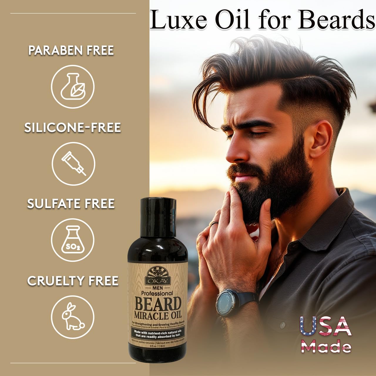 OKAY Men Beard Miracle Oil 4oz – Beard Softener & Moisturizer, Hydrating Beard Oil for Men, Reduces Itch & Beard Dandruff, Lightweight Non-Greasy Formula, Sulfate Paraben Silicone-Free