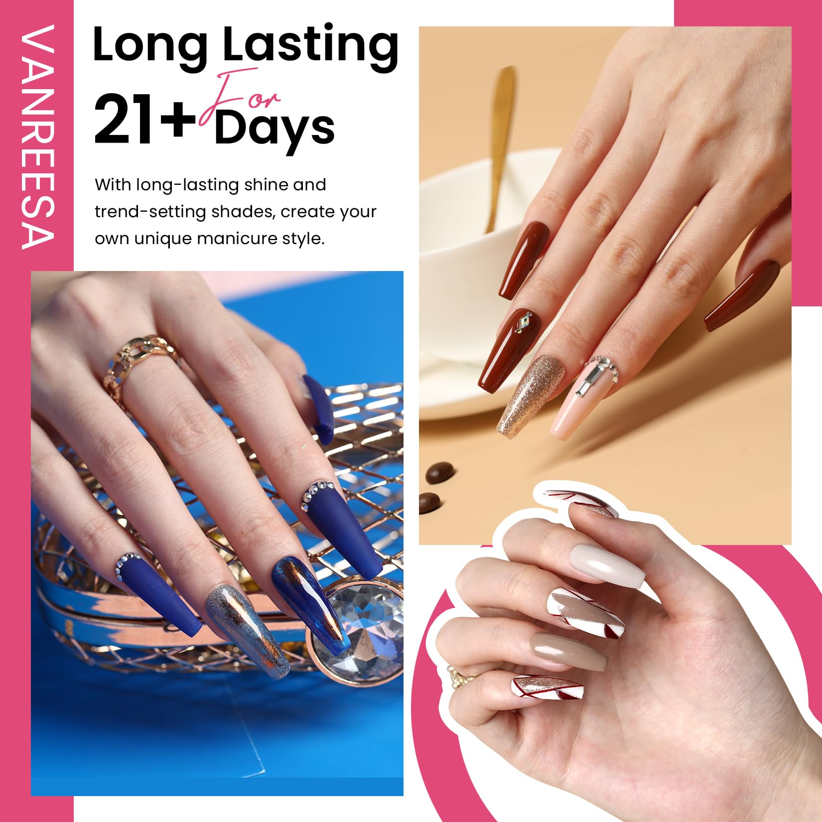 VANREESA 24 Pcs Gel Nail Polish Set - 21 Colors, Base Coat, Glossy & Matte Top Coat with Gel Polish Kit - Pink, Red, Orange, Green, Blue, Purple - Gifts for Women & Girls