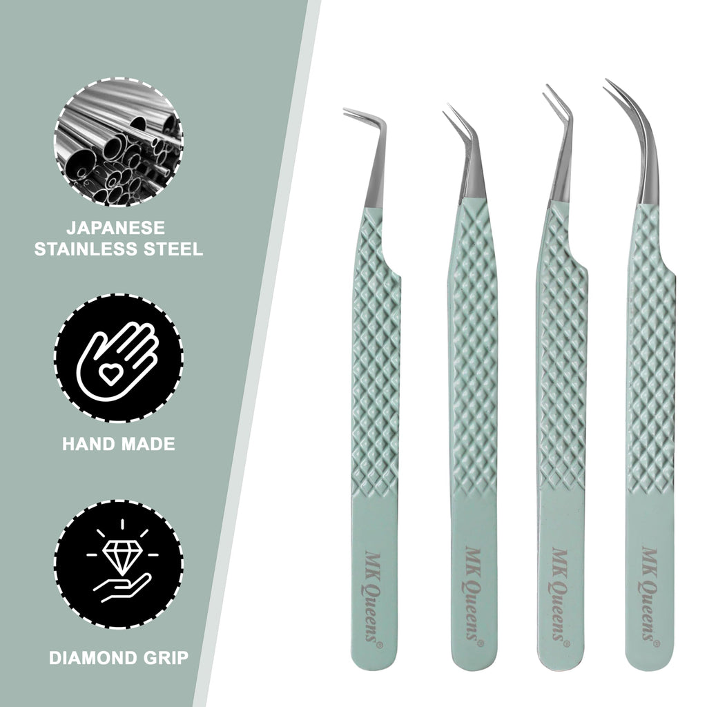 Fiber Tip Lash Tweezers for Eyelash Extensions with Diamond Grip, Set of 4 Precise Tips Japanese Steel for Classic, Volume & Mega Volume Lashes, Ideal Tweezers Set for Lash Artists (4, Light Green)