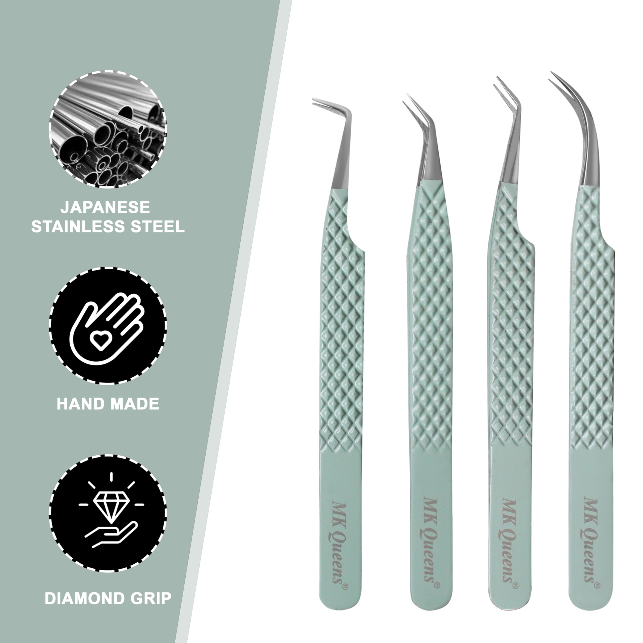Fiber Tip Lash Tweezers for Eyelash Extensions with Diamond Grip, Set of 4 Precise Tips Japanese Steel for Classic, Volume & Mega Volume Lashes, Ideal Tweezers Set for Lash Artists (4, Light Green)
