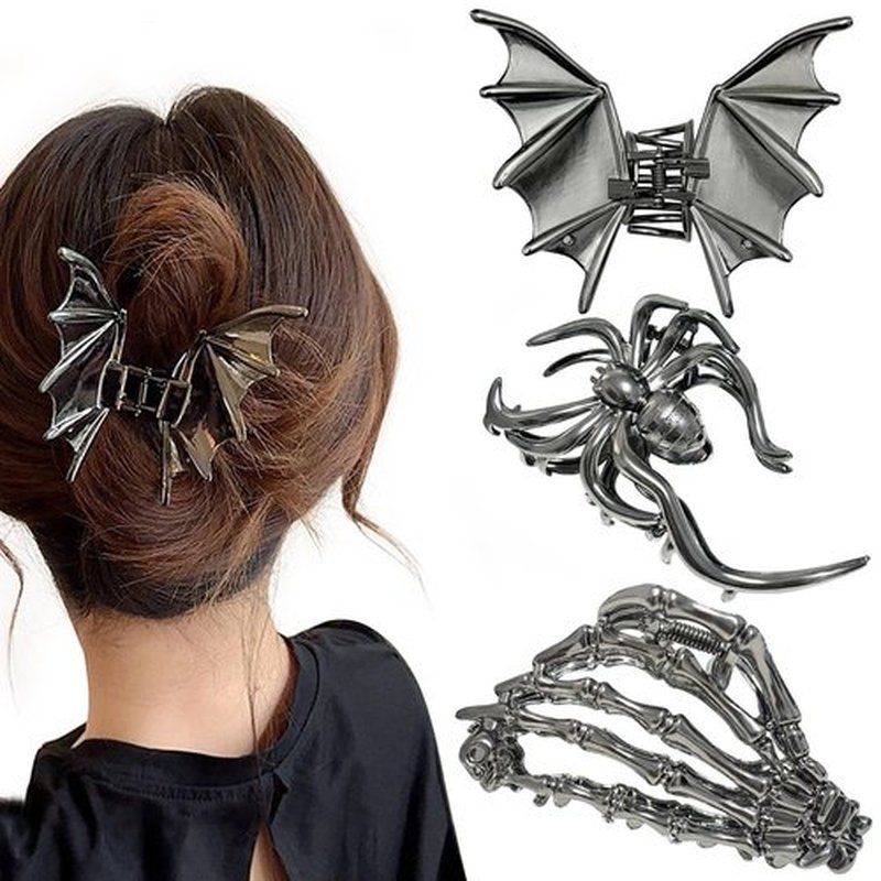 Parcce 3 Pieces Large Metal Spider Net Bat Hand Hair Claw Clips for Women and Girls Thick Long Hair, Gothic Decor Skeleton Spooky Hair Styling Accessories for Halloween Christmas Gifts