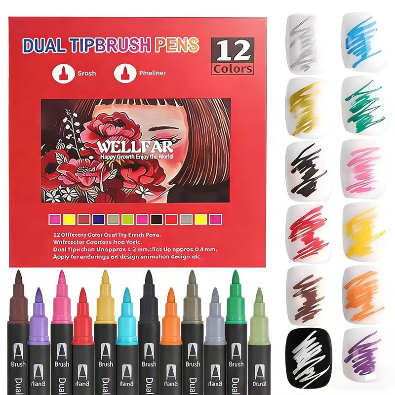 Dual Tip Markers for Adult Coloring Books No Bleeding – Gel Acrylic Paint (Fine & Brush) Pen for Drawing, Rock Painting, Journaling, Art Marker Pencil Set for Teens Calligraphy, Drawing,12 Colors