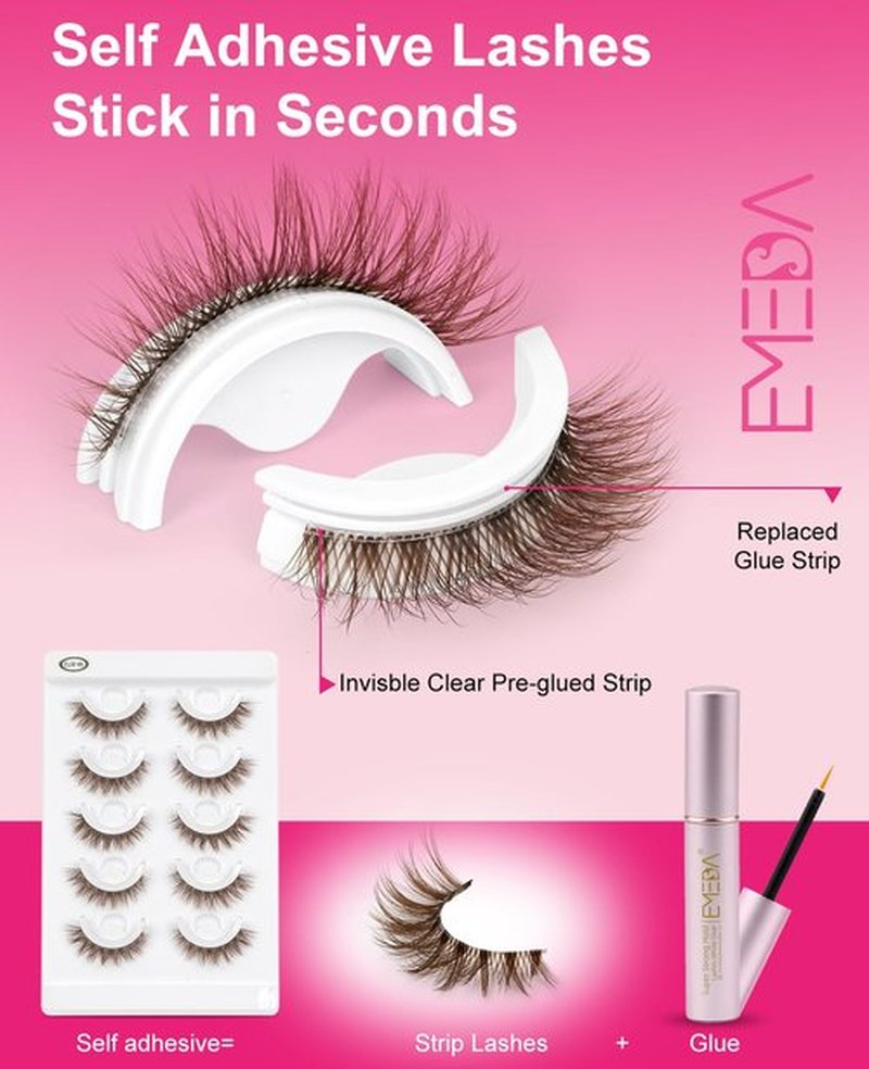 Brown Self Adhesive Eyelashes Preglued - Natural Look No Glue Eyelashes 12mm Natural Waterproof Glueless No Glue Needed Reusable Stick on False Strip Lashes by EMEDA (Brown 872 with Tweezers)
