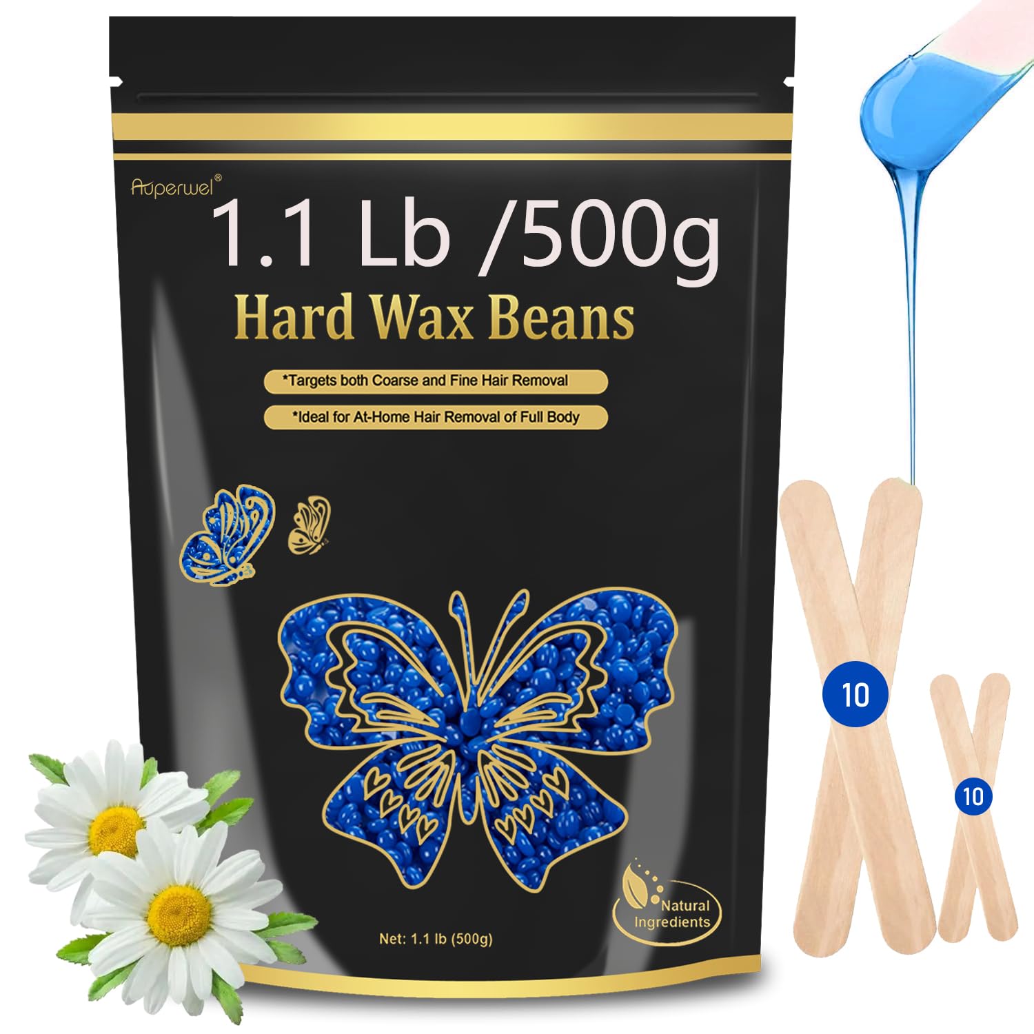 Auperwel Wax Beads 1.1lb, Hard Wax Beads for Coarse Hair Removal & Sensitive Skin, Works on Brazilian Bikini, Armpit, Legs, Face, Eyebrow, Back, Waxing Beads with 20 Sticks（Chamomile）