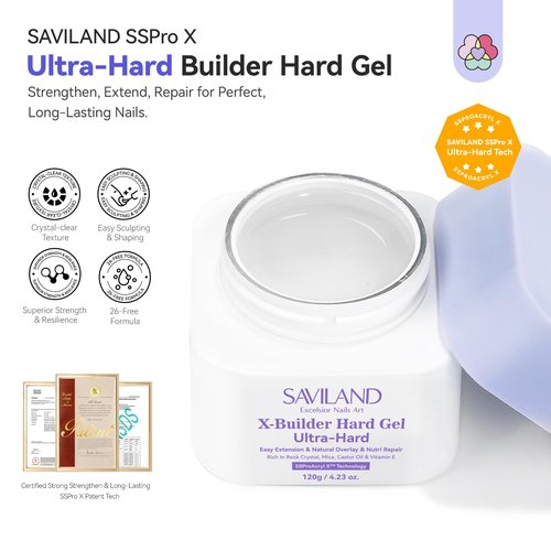 SAVILAND SSProX Ultra Hard Builder Nail Gel: 120 g Clear Plant-Based Hard Gel for Nails Mica Vitamin E Castor Oil U V 3D Nail Extension Gel Strengthening & Thickening DIY Home Use