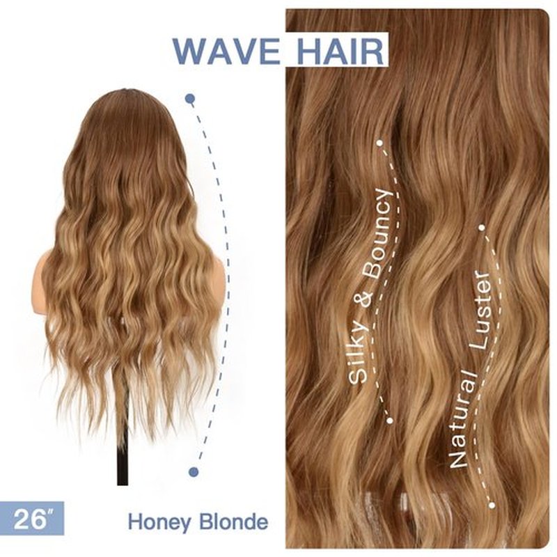 BrittyHair Long Wavy Honey Blonde Wig with Curtain Bangs for Women 26 Inch Curly Wavy Synthetic Wigs Natural Looking Heat Resistant Synthetic Wavy Wig for Daily Party Halloween Cosplay Use