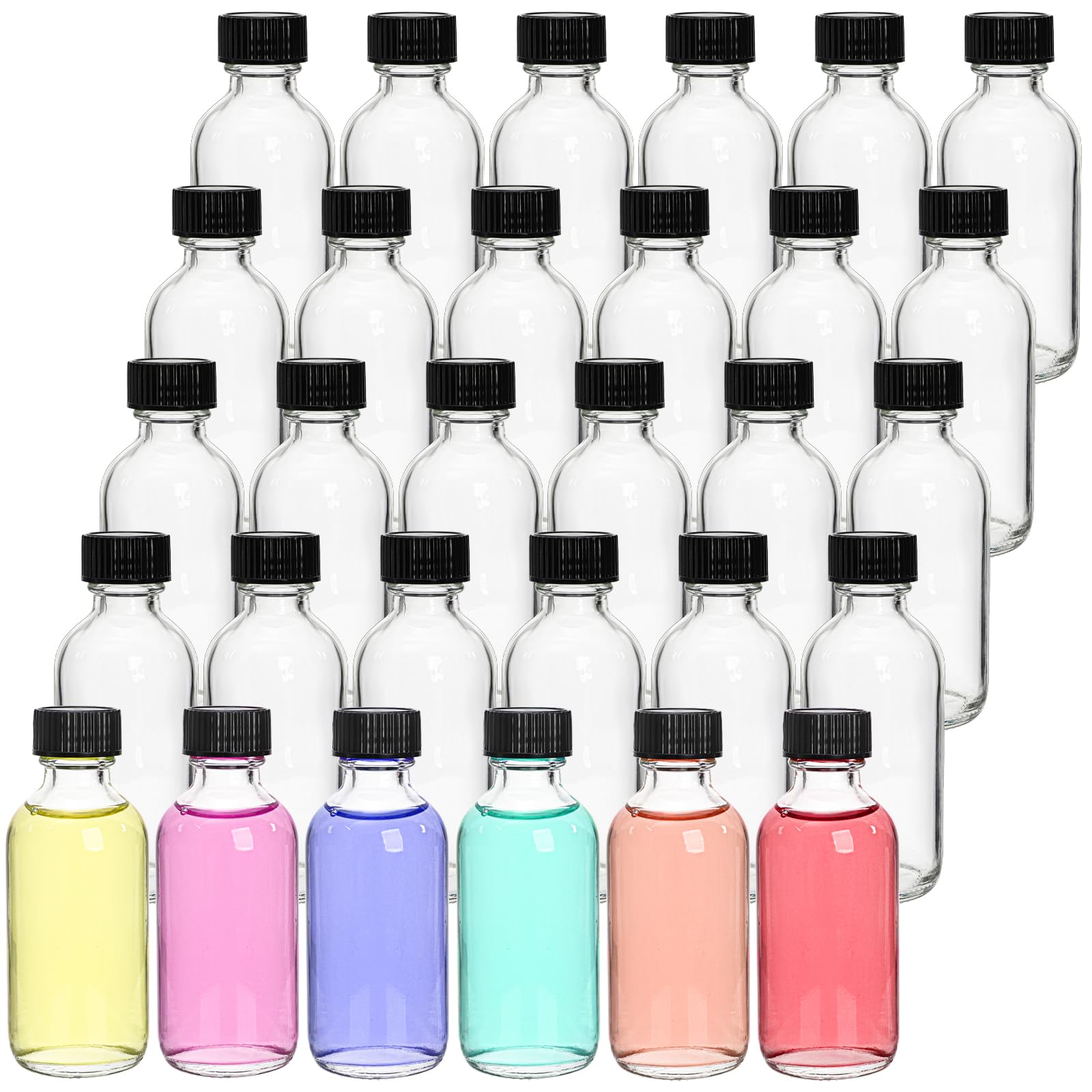 Bekith 30 Pack 2 oz Small Glass Bottles with Lids, 60ml Boston Round Glass Shot Bottles for Juice, Oils, Whiskey, Sample, Wellness, Ginger, Liquids, Mini Travel Bottle