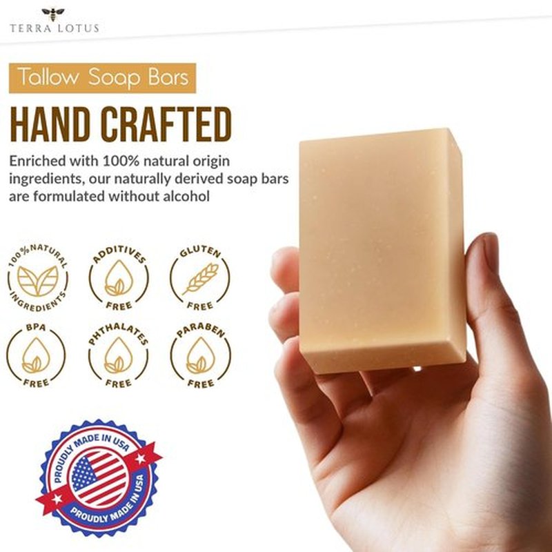 Terra Lotus - Organic Tallow Soap with Organic Castor Oil & Raw Honey - Relief for Dark Spots, Acne Marks, Hydrating & Nourishing - 3 Pack (Unscented)