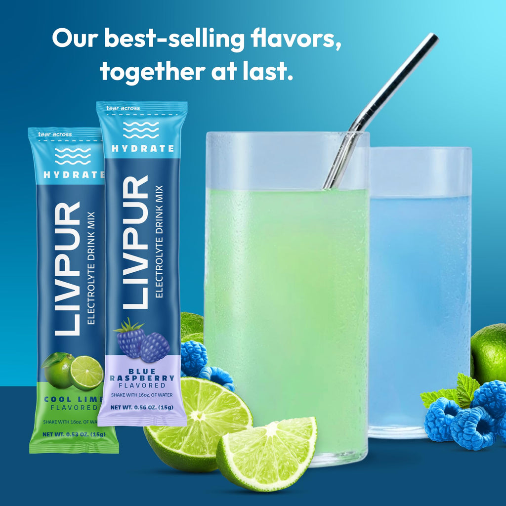LIVPUR Electrolyte Hydration Powder, Cool Lime & Blue Raspberry, 16 Sticks