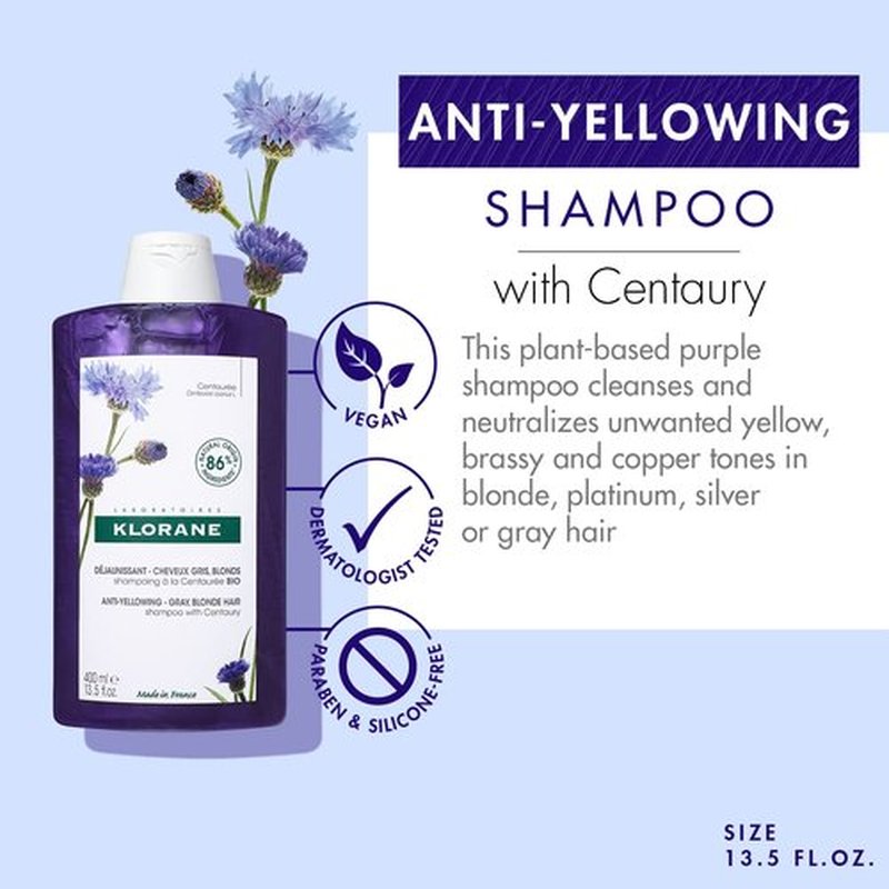 Klorane Shampoo with Centaury - Brightens Blonde & Gray Hair - Neutralizes Brassiness - 13.5 fl. oz.