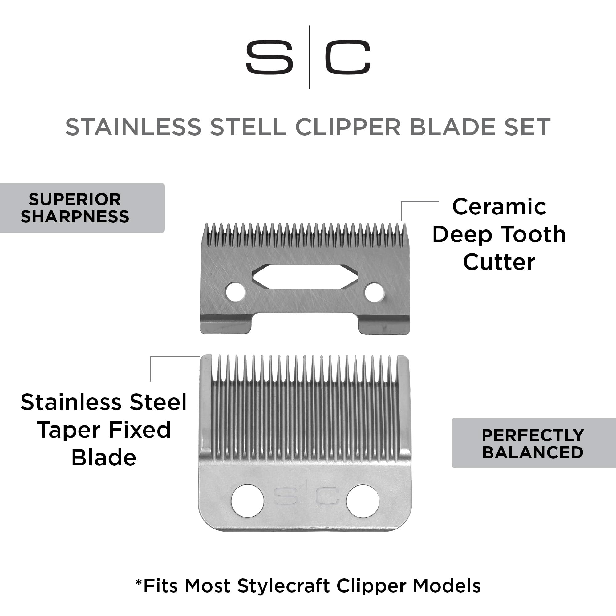 StyleCraft Replacement Fixed Stainless Steel Taper Hair Clipper Blade with Moving Ceramic Deep Tooth Cutter Set