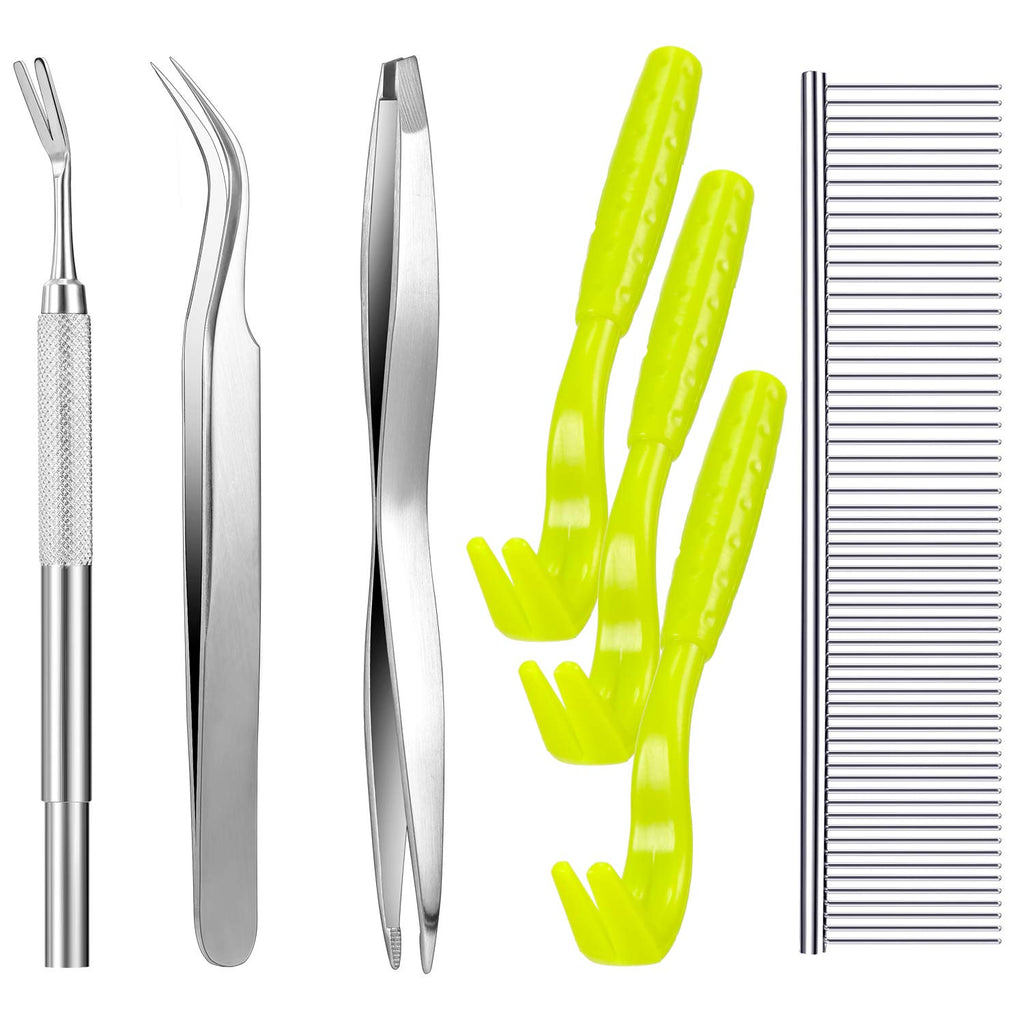 Boao 7 Pcs Tick Removal Tool Kit, Include 3 Plastic Removers, 3 Stainless Steel Tweezers with Comb for Dog and Cats(Fluorescent Green)