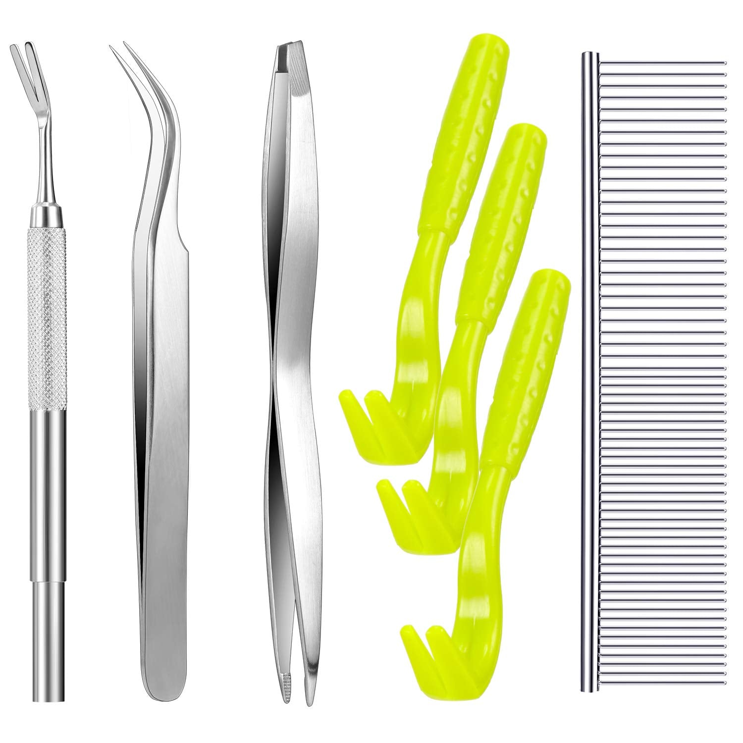 Boao 7 Pcs Tick Removal Tool Kit, Include 3 Plastic Removers, 3 Stainless Steel Tweezers with Comb for Dog and Cats(Fluorescent Green)