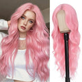 Angzon Long Pink Wavy Wig Middle Part for Women 26 Inch Light Pink Curly Wavy Wigs Natural Looking Synthetic Heat Resistant Fiber Wig for Daily Party Use