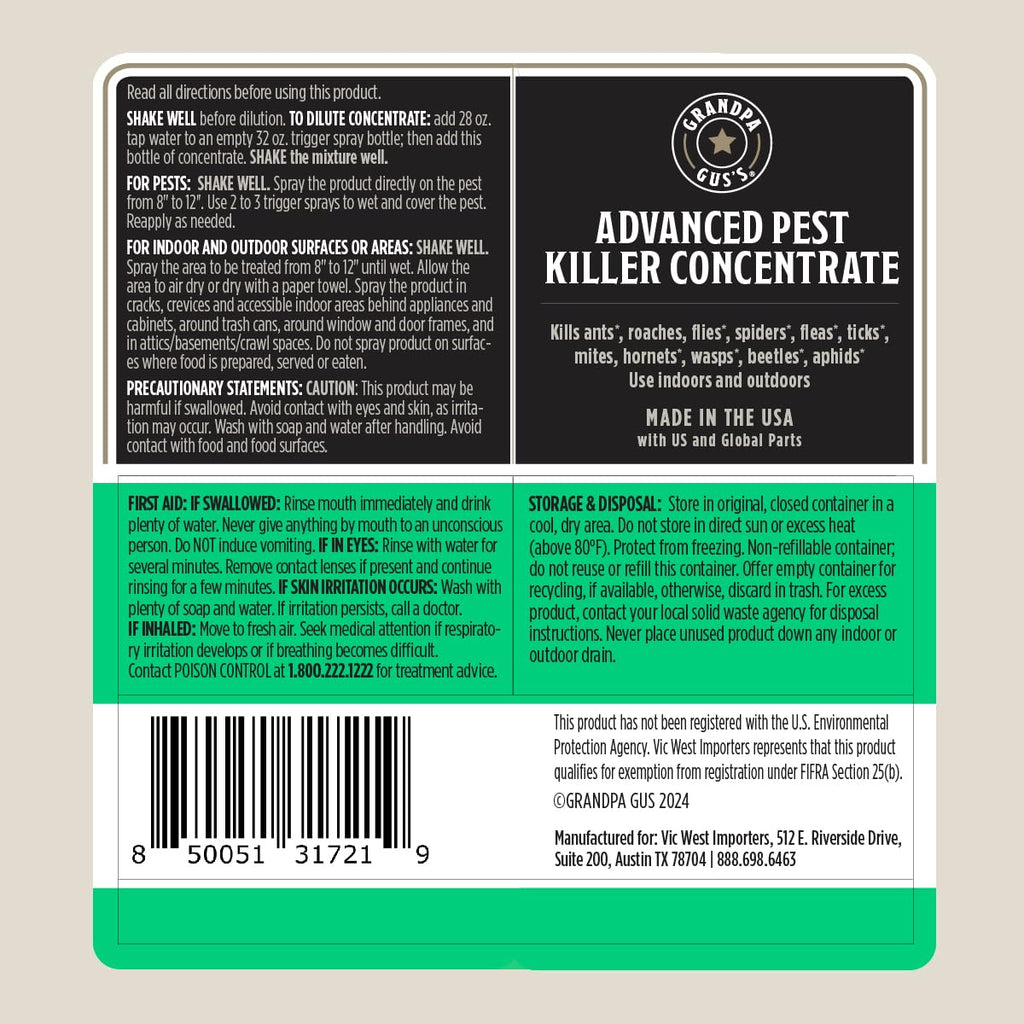 Grandpa Gus's Advanced Natural Pest Control with Clove & Cottonseed Oil - Indoor/Outdoor Insect Killer for Spiders, Ants, Roaches, Earwigs & Bed Bugs, Pet-Friendly, Concentrate 2 Pack + Spray Bottle