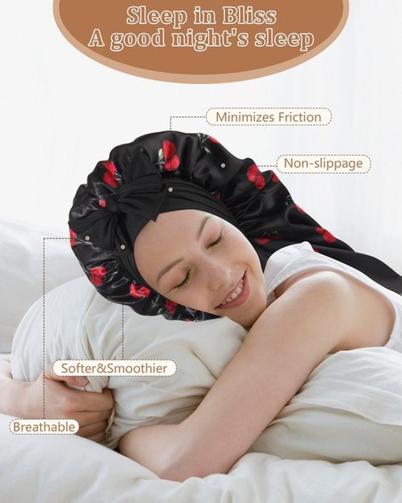 AWAYTR Long Hair Bonnet for Women - Reversible Double Layer Satin Silk Bonnet for Sleeping with Tie Band (Black Cherry+Black)