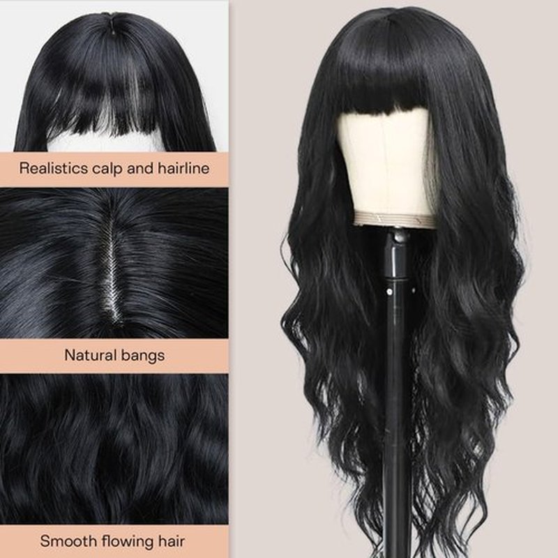 POUWENEY Black Wig with Bangs 26 Inch Long Curly Wavy Wigs for Women Begineer-Friendly Synthetic Wig for Daily Party Holiday Use