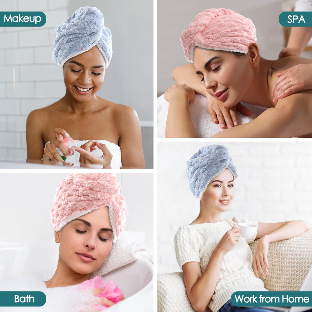 JEFFSUN Womens Microfiber Hair Drying Towel Wrap, 2-Layer Extra Thick Super Absorbent Hooded Hair Towel for Women Long Thick Wet Hair, 2 Colors Blue & Grey Reversible Hair Turban Towel