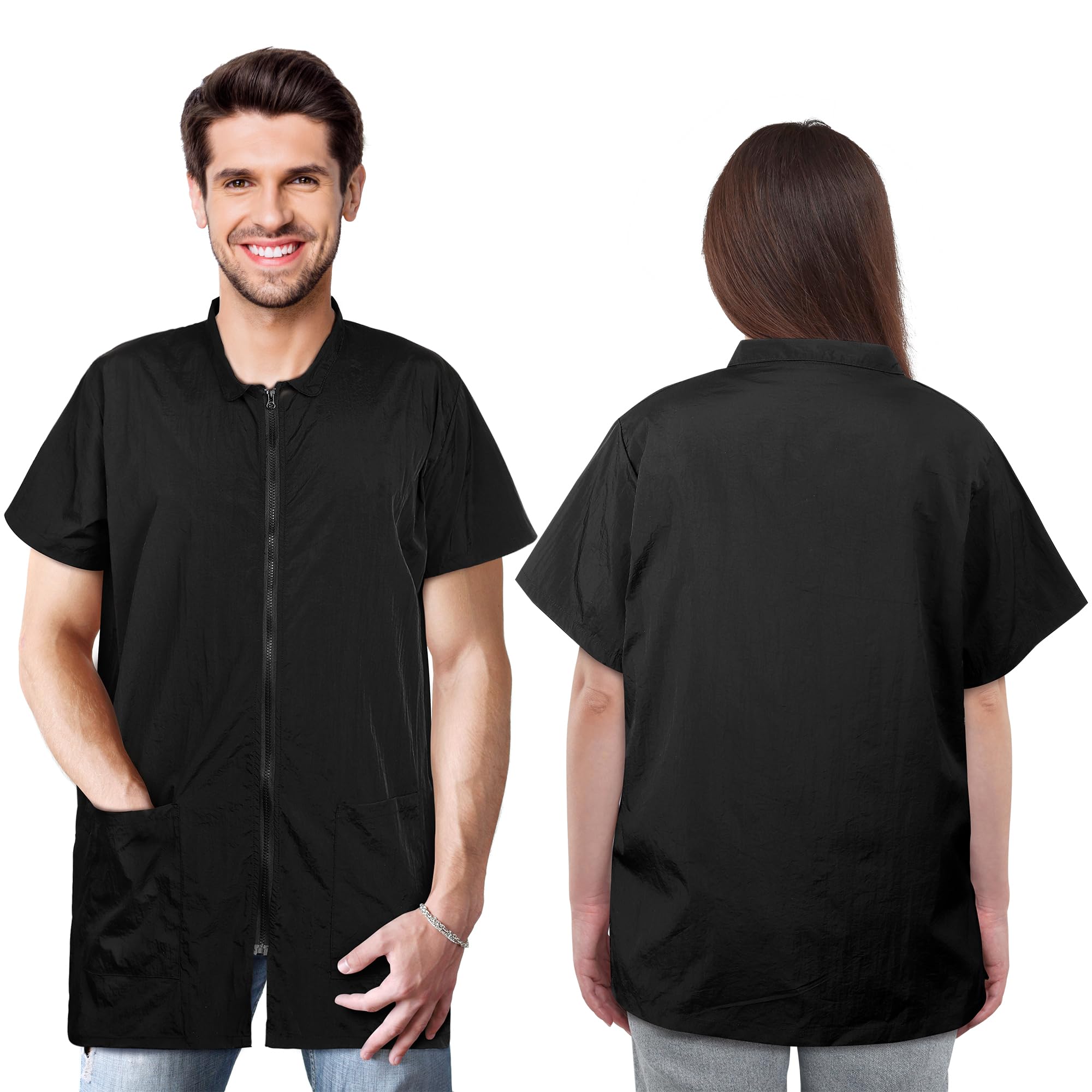 MCEAST 2 Pack Black Pet Groomer Uniforms with Full Zipper Water Resistant and Anti-Static Pet Smock Clothes for Women Men, X-Large
