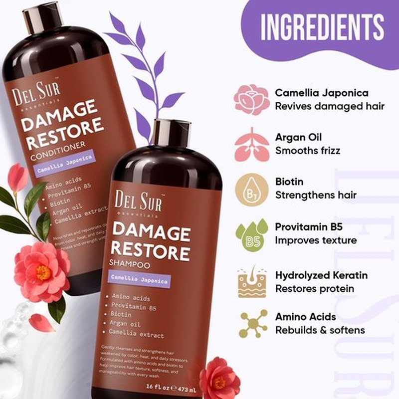 DEL SUR Hair Repair Shampoo & Conditioner Set - 16 Fl Oz Each | Moisturizing Formula with Biotin & Argan Oil for Damaged Hair