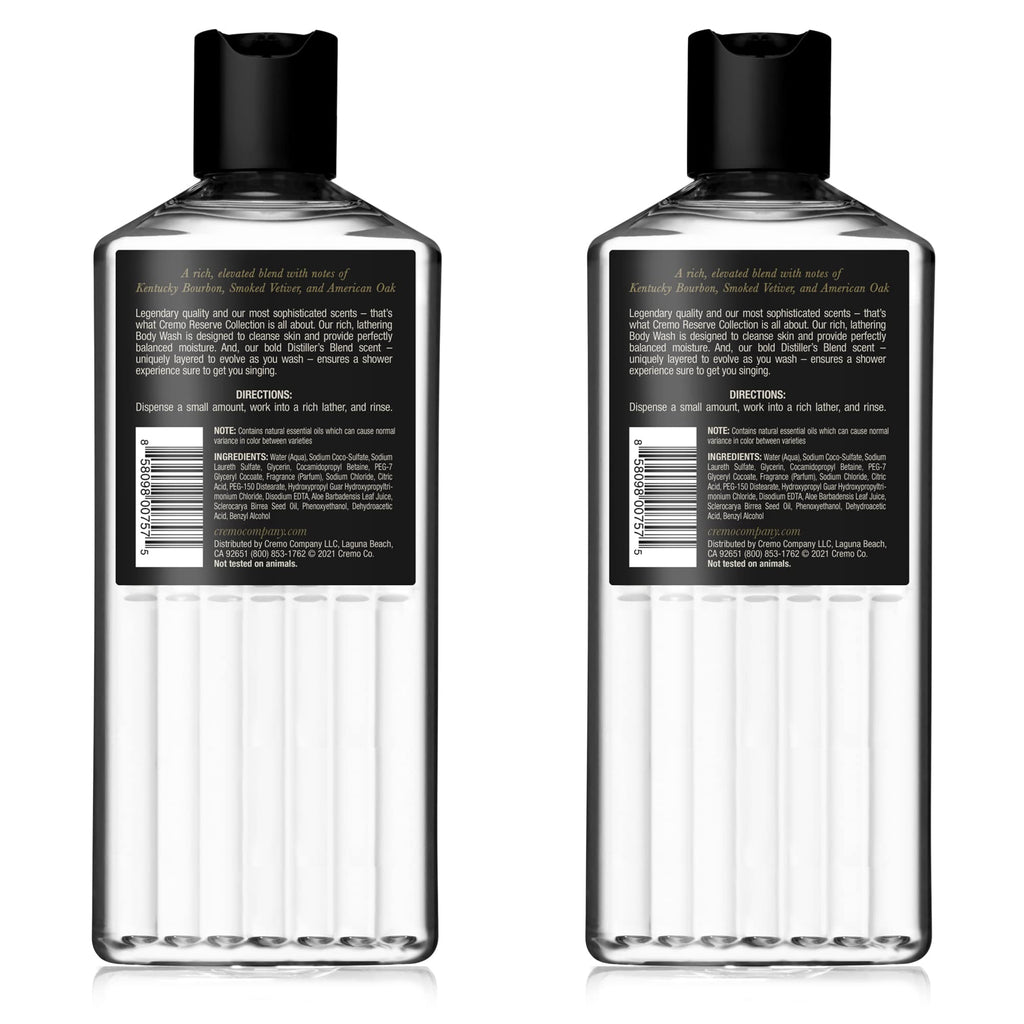 Cremo Rich-Lathering Distiller’s Blend (Reserve Collection) Body Wash, An Elevated Blend with Notes of Kentucky Bourbon, Smoked Vetiver and American Oak, 16 Fl Oz (Pack of 2)