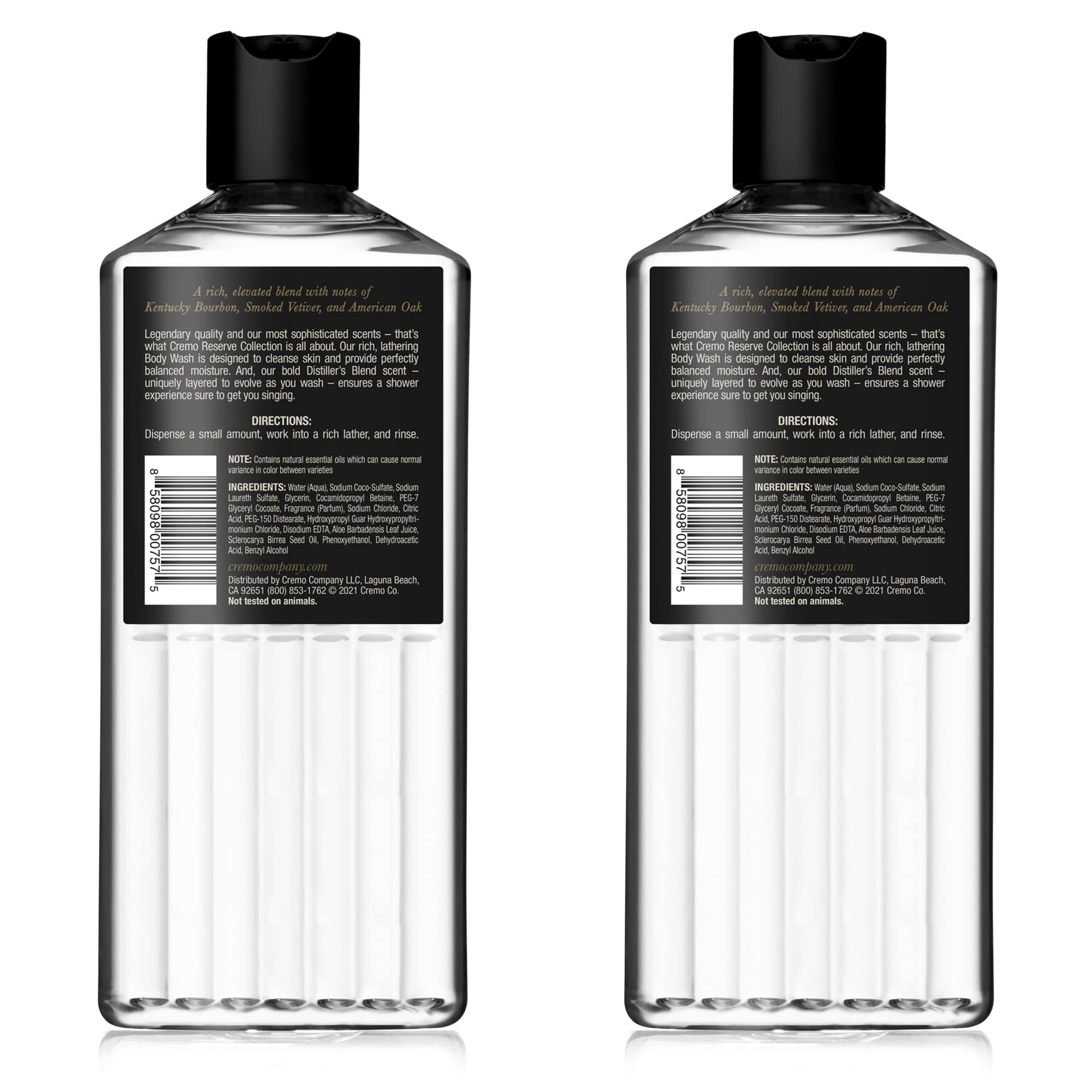 Cremo Rich-Lathering Distiller’s Blend (Reserve Collection) Body Wash, An Elevated Blend with Notes of Kentucky Bourbon, Smoked Vetiver and American Oak, 16 Fl Oz (Pack of 2)