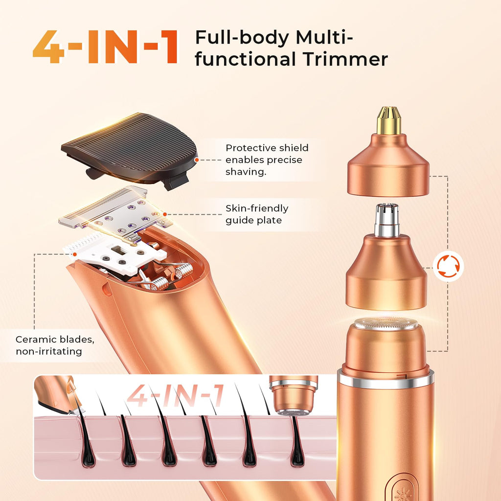 Bikini Trimmer for Women, 4 in 1 Electric Razors for Women - Dual Head, Wet & Dry Use Pubic Body Hair Trimmer Electric Shavers, Rechargeable Womens Facial Razors for Legs, Nose, Armpits, Bikini Area