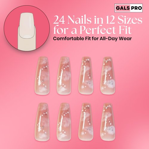GALSPRO Long Press on Nails - Set of 24 Fake Nails with Designs in 12 Different Sizes for Perfect Fit, Cute False Nails Kit for Women with 0.07oz Nail Glue, A Double Sided Nail File & Cuticle Stick