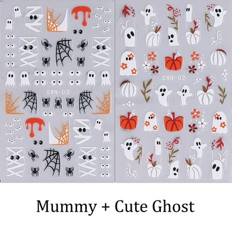 4 Sheets Halloween Nail Art Stickers 5D Embossed Cute Ghost Nail Stickers Black Cat Pumpkin Design Flower Finger Skeleton Nail Decals Nail Art Supplies for Women Acrylic DIY Nail Decorations