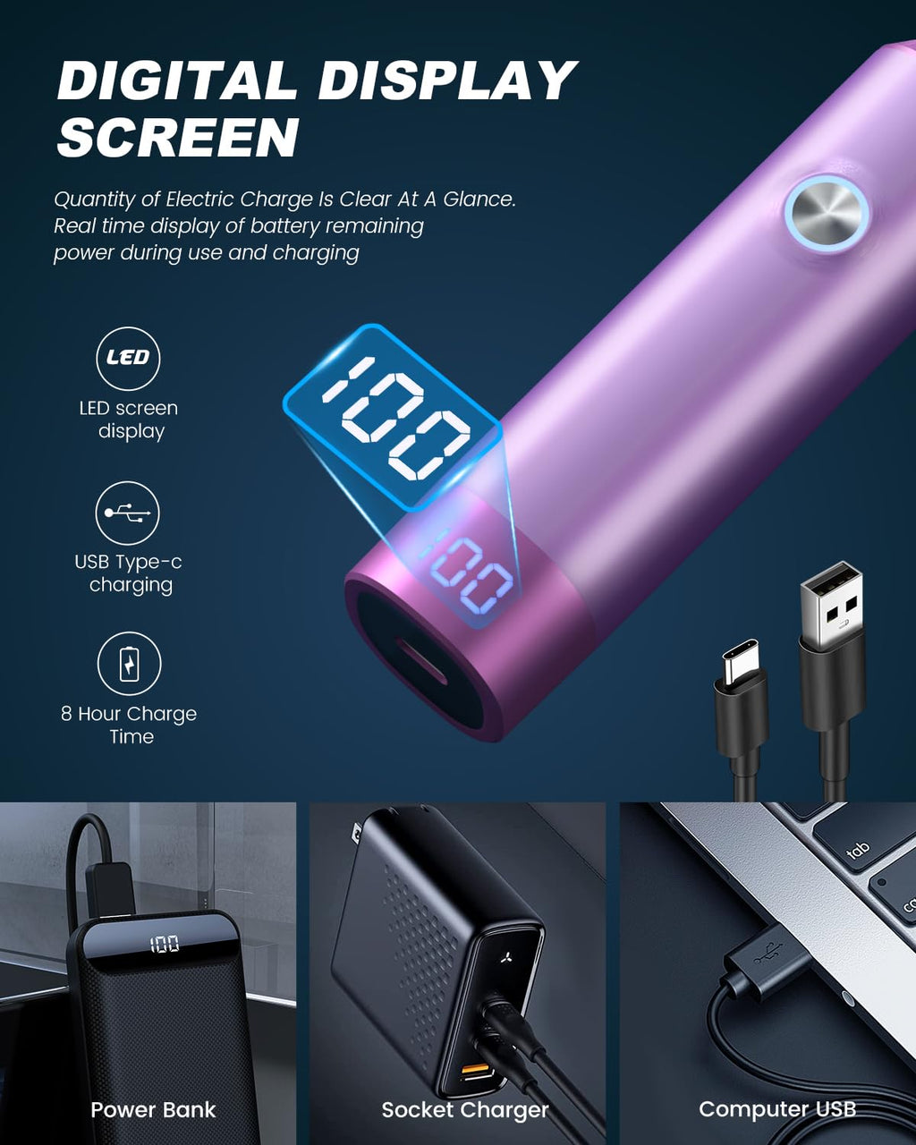 Ear and Nose Hair Trimmer for Men and Women, Painless USB Rechargeable Electric Facial & Eyebrow Hair Remover with LED Display, Dual-Edge Blades for Smooth,13000 RPM Motor IPX7 Waterproof (Purple)