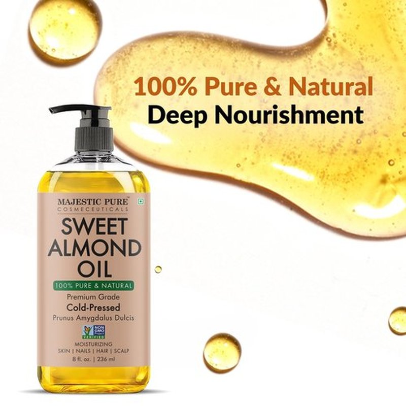 Majestic Pure Sweet Almond Oil 8 Fl Oz - 100% Pure and Natural- Cold Pressed & Hexane Free Natural Hair Growth Oil for Eyelashes, Eyebrows, Skin, Body, Face, Nails & Scalp