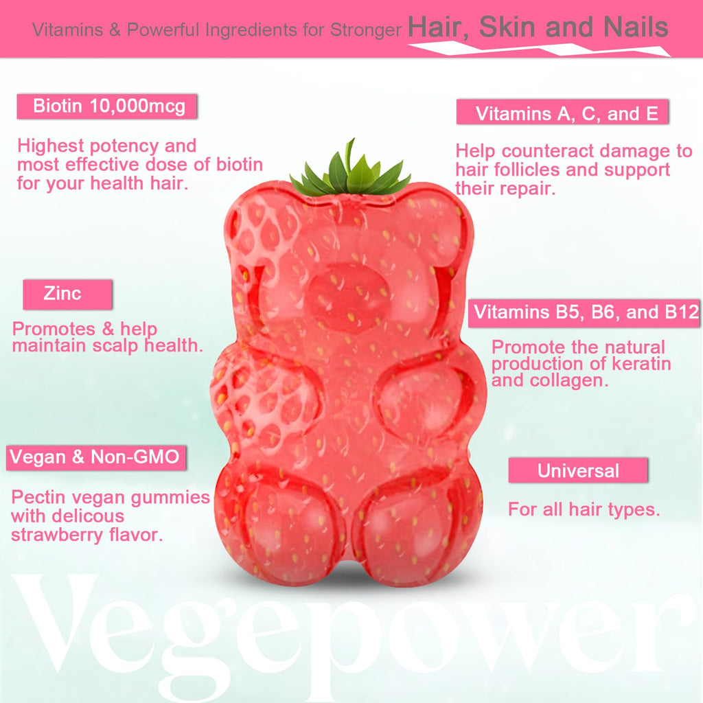 VEGEPOWER Biotin Gummies for Hair Growth 10000mcg - Vegan Biotin Vitamins Supports Healthy Hair, Skin and Nails, Hair Vitamin Gummy for Women & Men - Non-GMO, Chewable Supplement