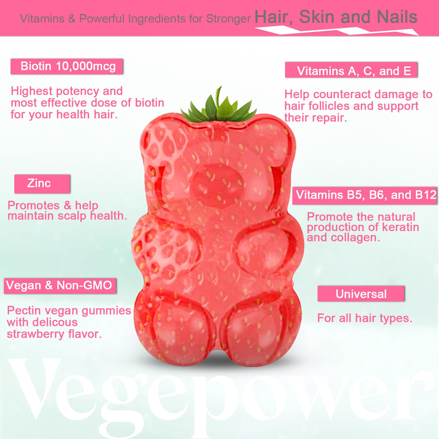 VEGEPOWER Biotin Gummies for Hair Growth 10000mcg - Vegan Biotin Vitamins Supports Healthy Hair, Skin and Nails, Hair Vitamin Gummy for Women & Men - Non-GMO, Chewable Supplement