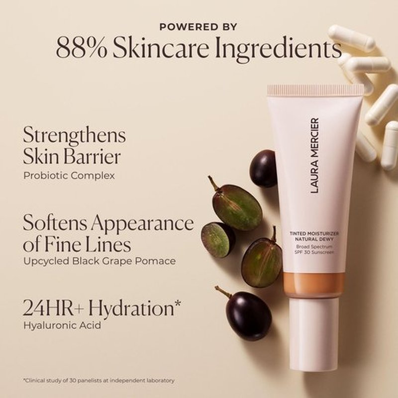 Laura Mercier Tinted Moisturizer Natural Dewy with SPF 30: 24HR+ Hydration, Long Lasting, Sheer to Light, Buildable Coverage, Dewy Finish, Improve Skin Tone and Texture, Skin Tint, Cameo