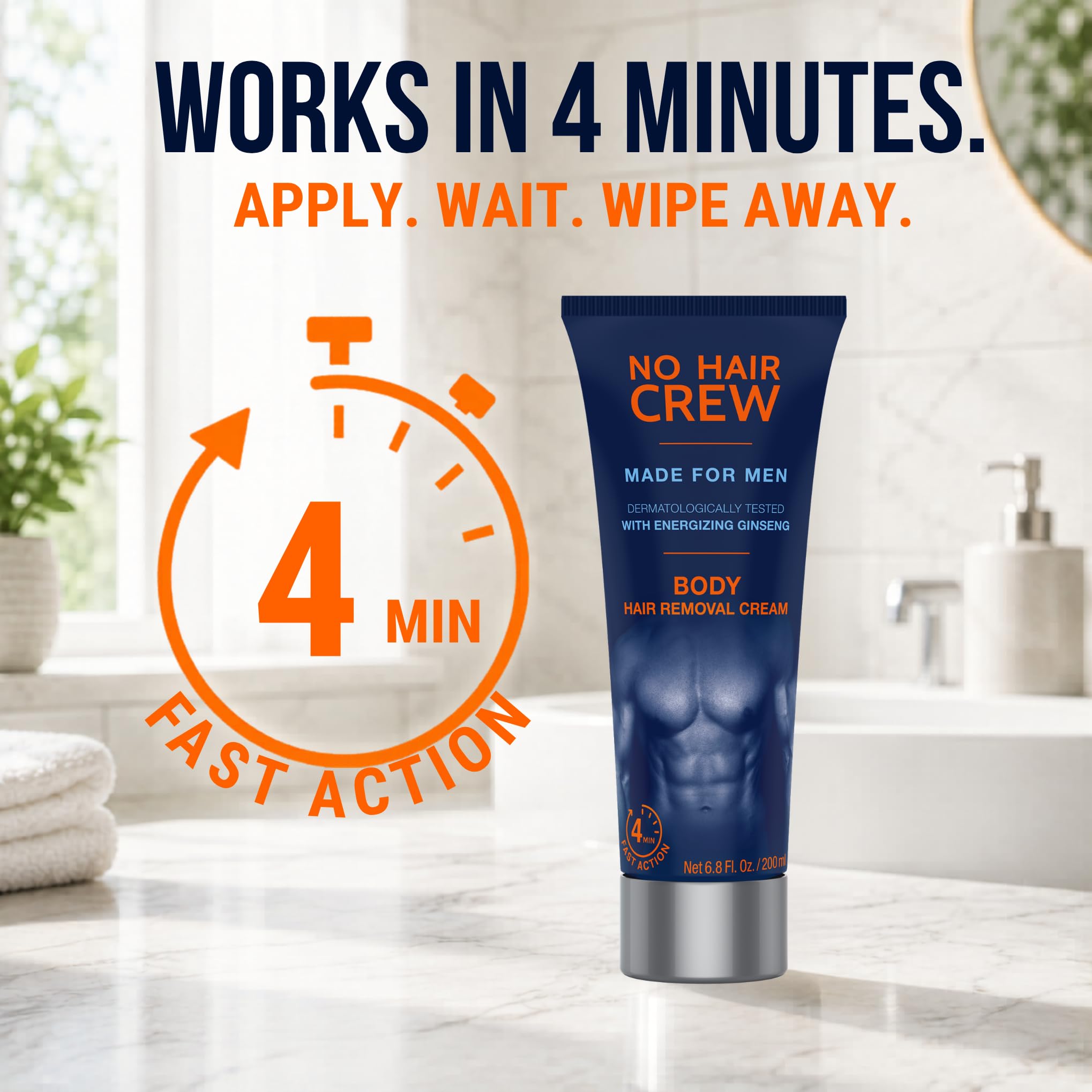 No Hair Crew Body At Home Hair Removal Cream for Manscaping Unwanted Hair with Energizing Ginseng, Premium Depilatory, Painless & Flawless, Made for Men, 200ml