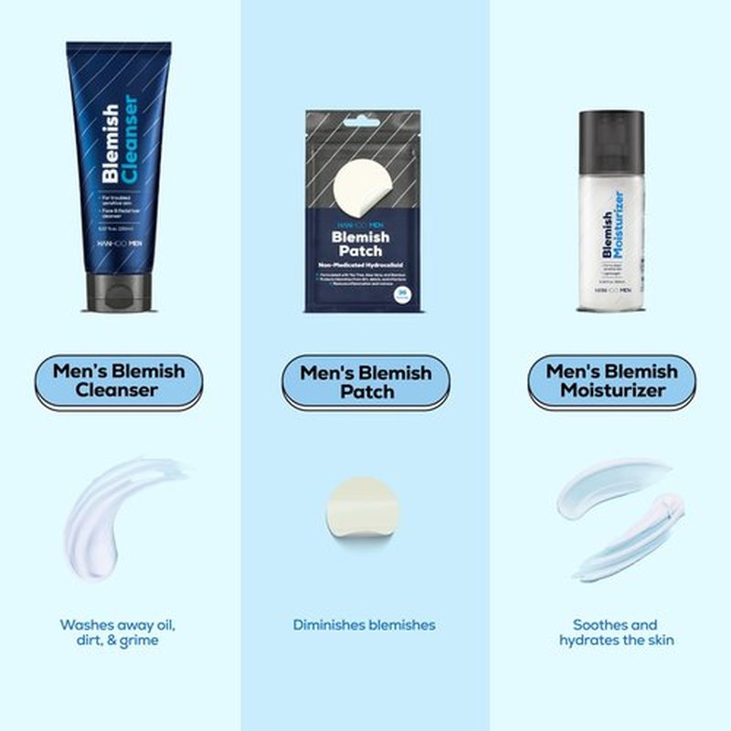 Hanhoo Men's Facial Care Kit, Blemish Cleanser 5.07 Fl. Oz., Blemish Moisturizer 2.02 Fl. Oz., Blemish Patch 36 Ct, with Bamboo, Hyaluronic Acid, and Green Tea, Men's Acne Skin Care Kit, Acne Regimen